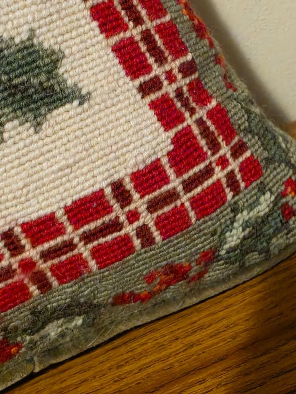 Chickadee Bird Needlepoint Throw Pillow Holly Berries Red Plaid Velvet Zipper
